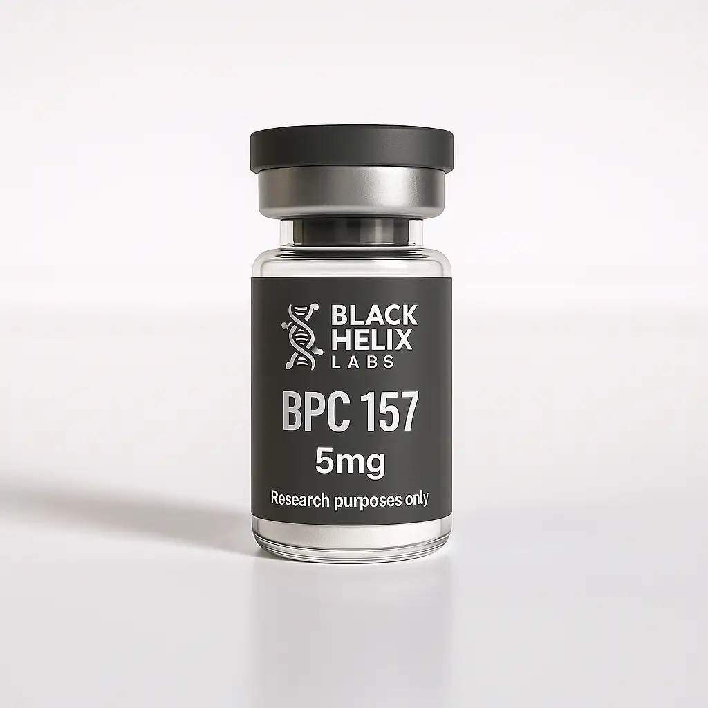 Research peptide vial labeled BPC-157 5 mg by Black Helix Labs on white background.