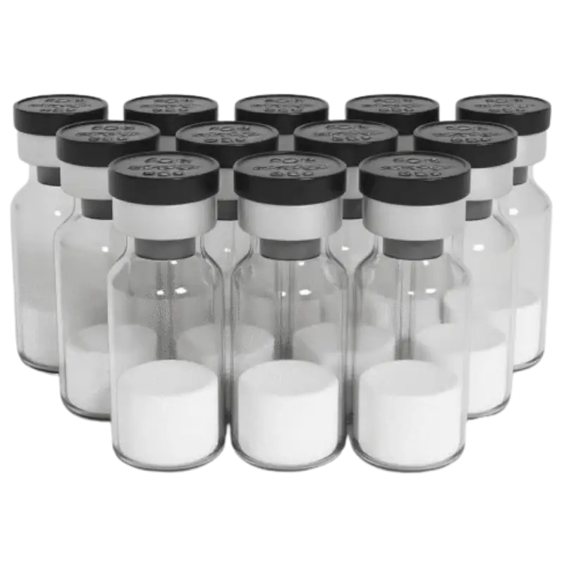 Multiple clear glass research vials with silver caps and Human Growth Hormone powder inside, arranged in rows.
