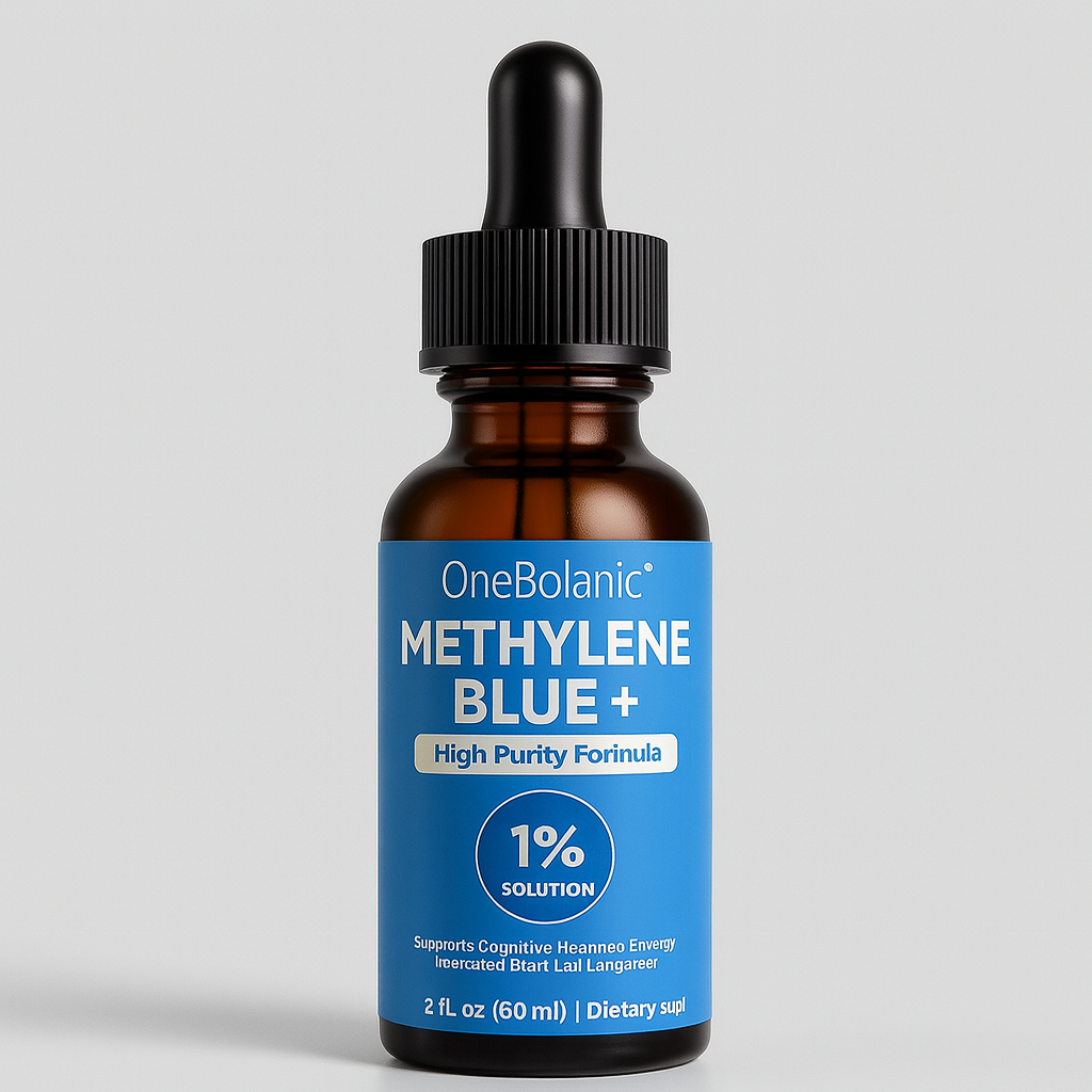 Amber glass dropper bottle of OneBotanic Methylene Blue 1% solution with a blue label showing high-purity, formaldehyde-free formulation.