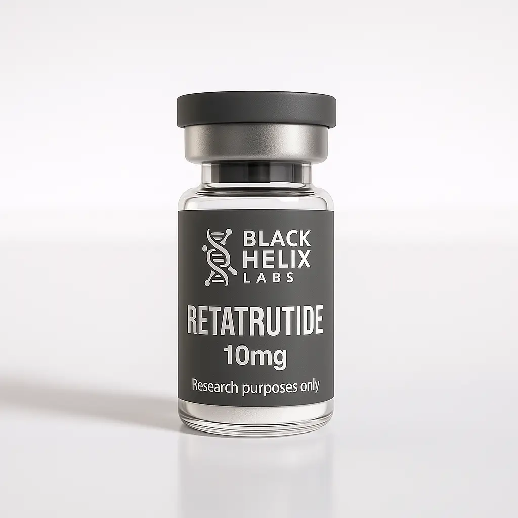 Clear 2 mL vial labeled Retatrutide 10 mg by Black Helix Labs on a white background.