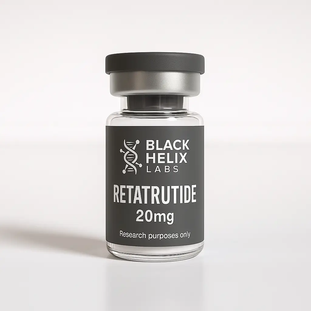 2 mL research vial labeled Retatrutide 20 mg from Black Helix Labs on a clean white background.