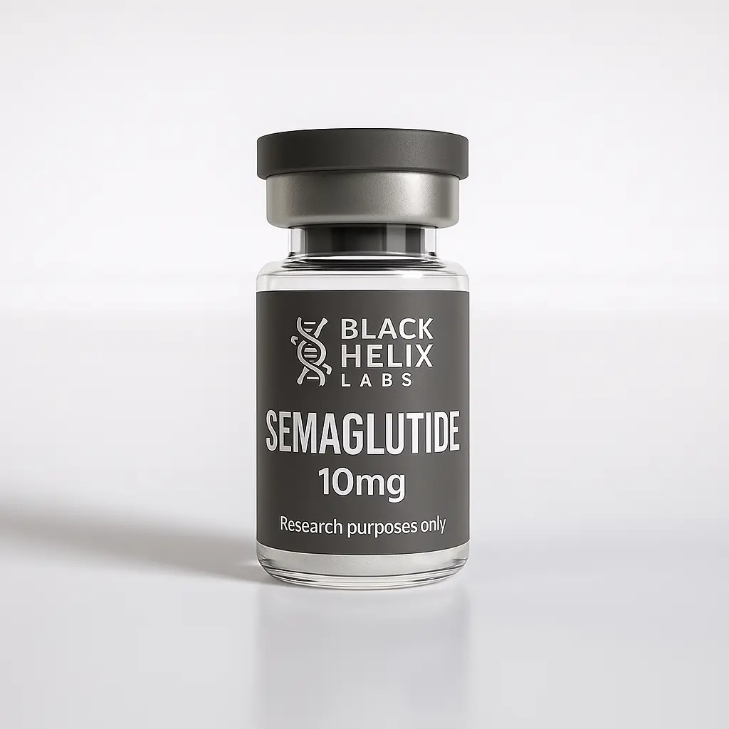 Small clear vial labeled Semaglutide 10 mg from Black Helix Labs.
