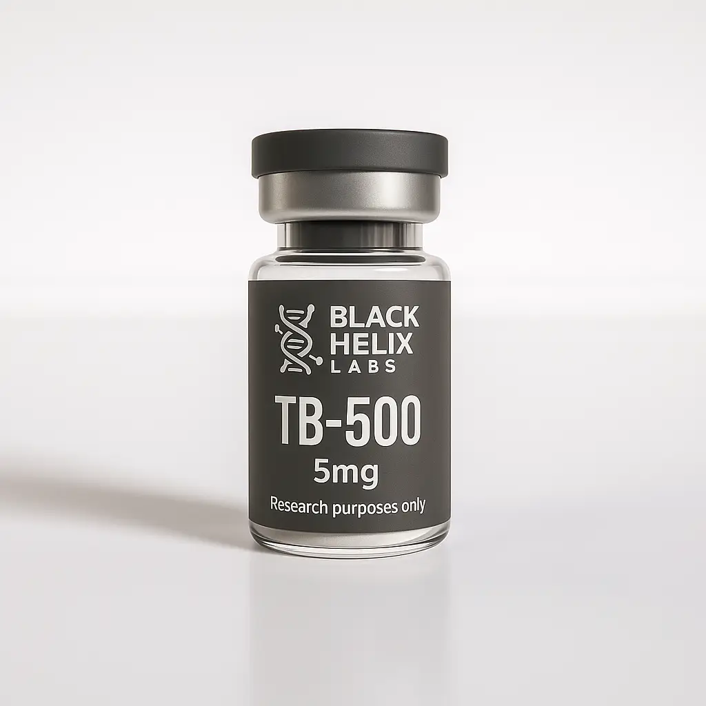 Clear glass research vial labeled TB-500 5 mg from Black Helix Labs.