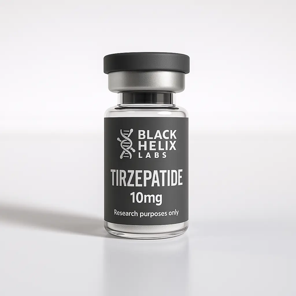 Clear 2 mL vial labeled Tirzepatide 10 mg by Black Helix Labs on white background.