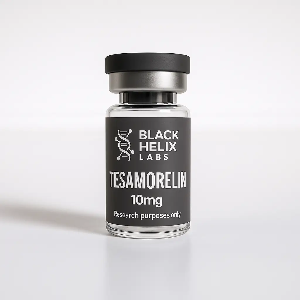 2 mL vial labeled Tesamorelin 10 mg from Black Helix Labs.