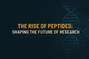Dark charcoal banner featuring a glowing teal DNA helix and the headline “The Rise of Peptides: Shaping the Future of Research” by Black Helix Labs.