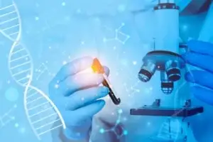 Scientist wearing blue gloves working with a microscope and test sample overlaid with a digital DNA strand graphic.