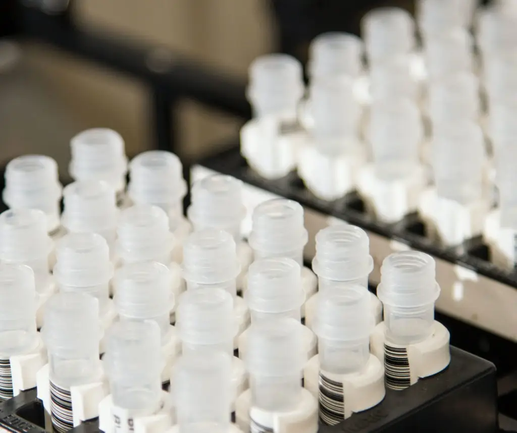 Rows of clear plastic laboratory vials with barcode labels organized in a testing rack.