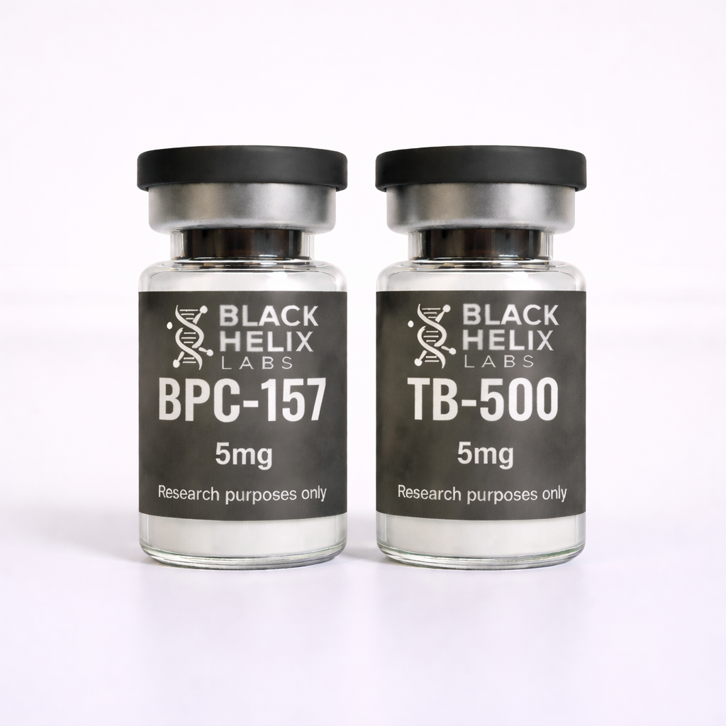Two Black Helix Labs research peptide vials labeled BPC-157 5mg and TB-500 5mg side by side on a clean white background.