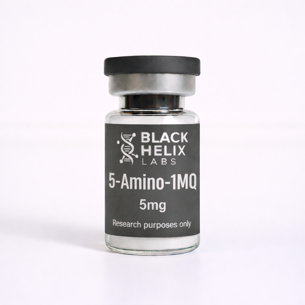 Black Helix Labs 5-Amino-1MQ 5mg research peptide vial with matte grey label, white text, and DNA helix logo on a clean white background.