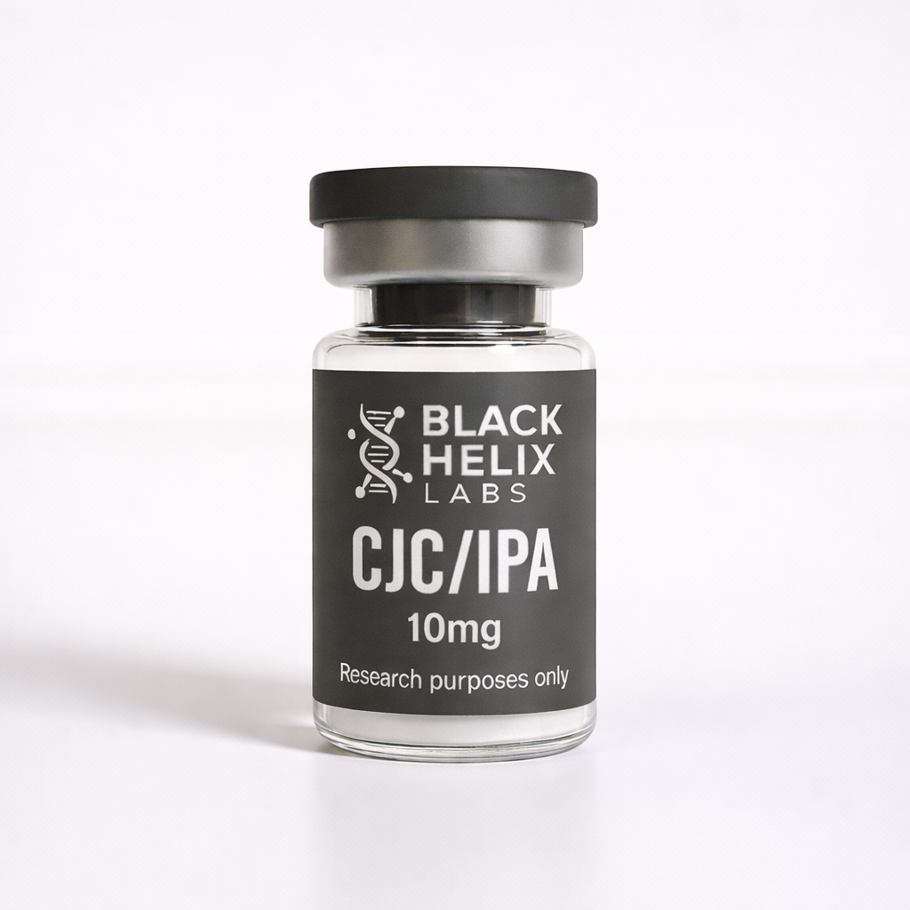 Black Helix Labs CJC/IPA 10mg research peptide vial with matte grey label, white text, and DNA helix logo on a clean white background.