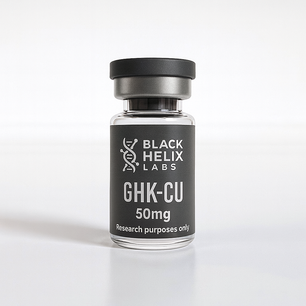 Black Helix Labs GHK-Cu 50mg peptide vial with matte grey label, white text, and DNA helix logo on a clean white background.