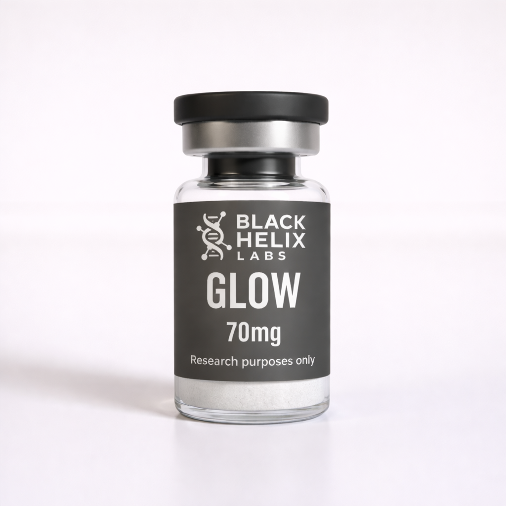 Black Helix Labs vial labeled Glow 70 mg with grey label and silver cap.
