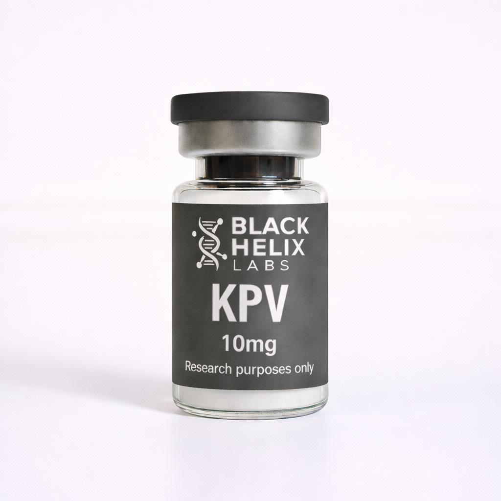 Black Helix Labs KPV 10mg research peptide vial with matte grey label, white text, and DNA helix branding on a clean white background.
