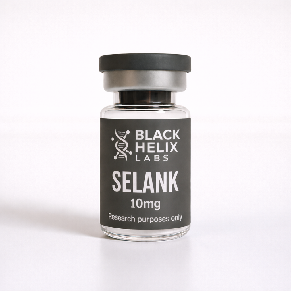 Black Helix Labs Selank 10mg research peptide vial with matte grey label, white text, and DNA helix logo on a clean white background.