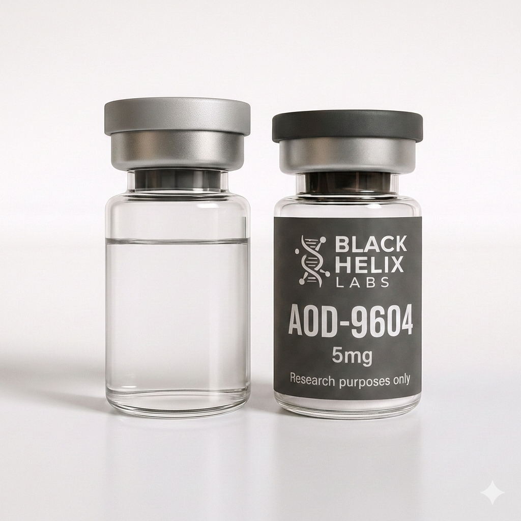 A side-by-side view of a clear vial containing 0.6% Acetic Acid water and a Black Helix Labs AOD-9604 5mg peptide vial, both featuring gray and silver caps on a crisp light background.