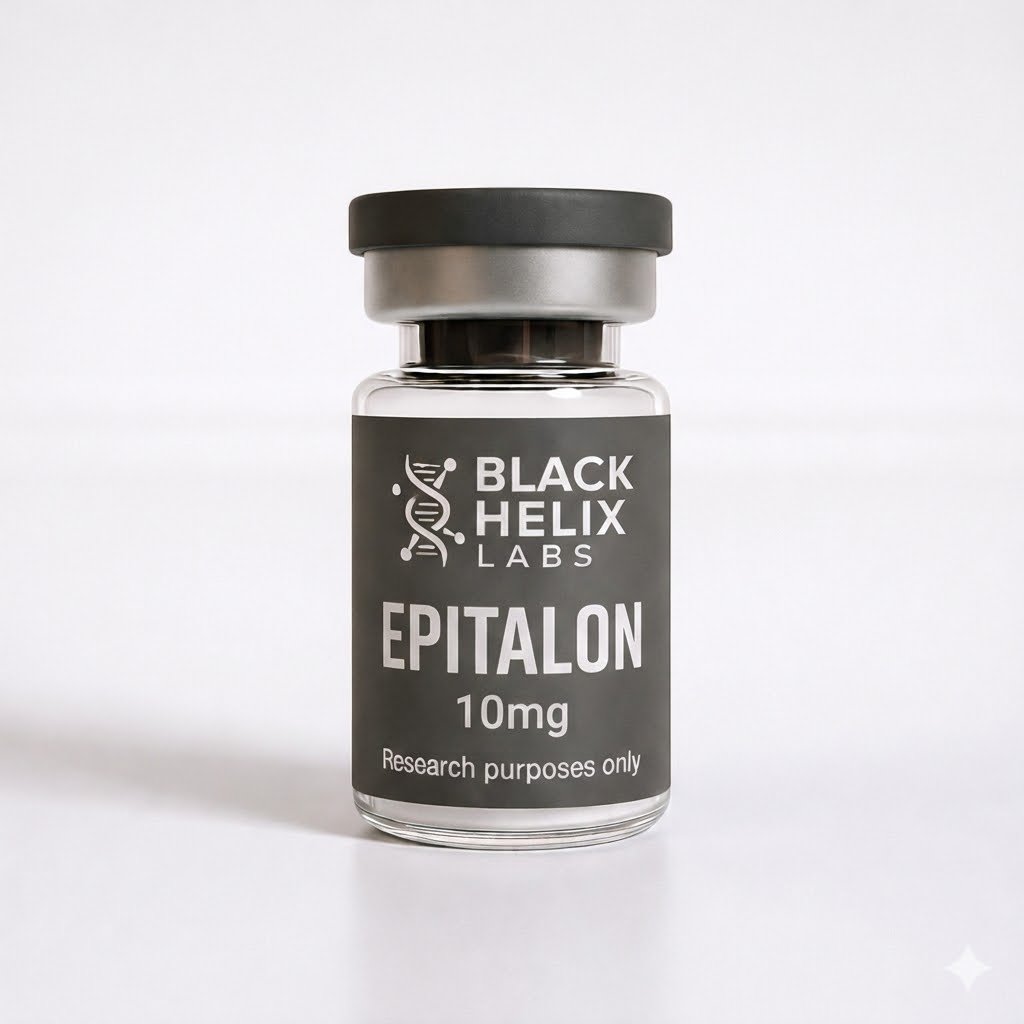 Black Helix Labs Epitalon 10mg peptide vial with white lyophilized powder, featuring a dark label and gray cap on a clean light background.