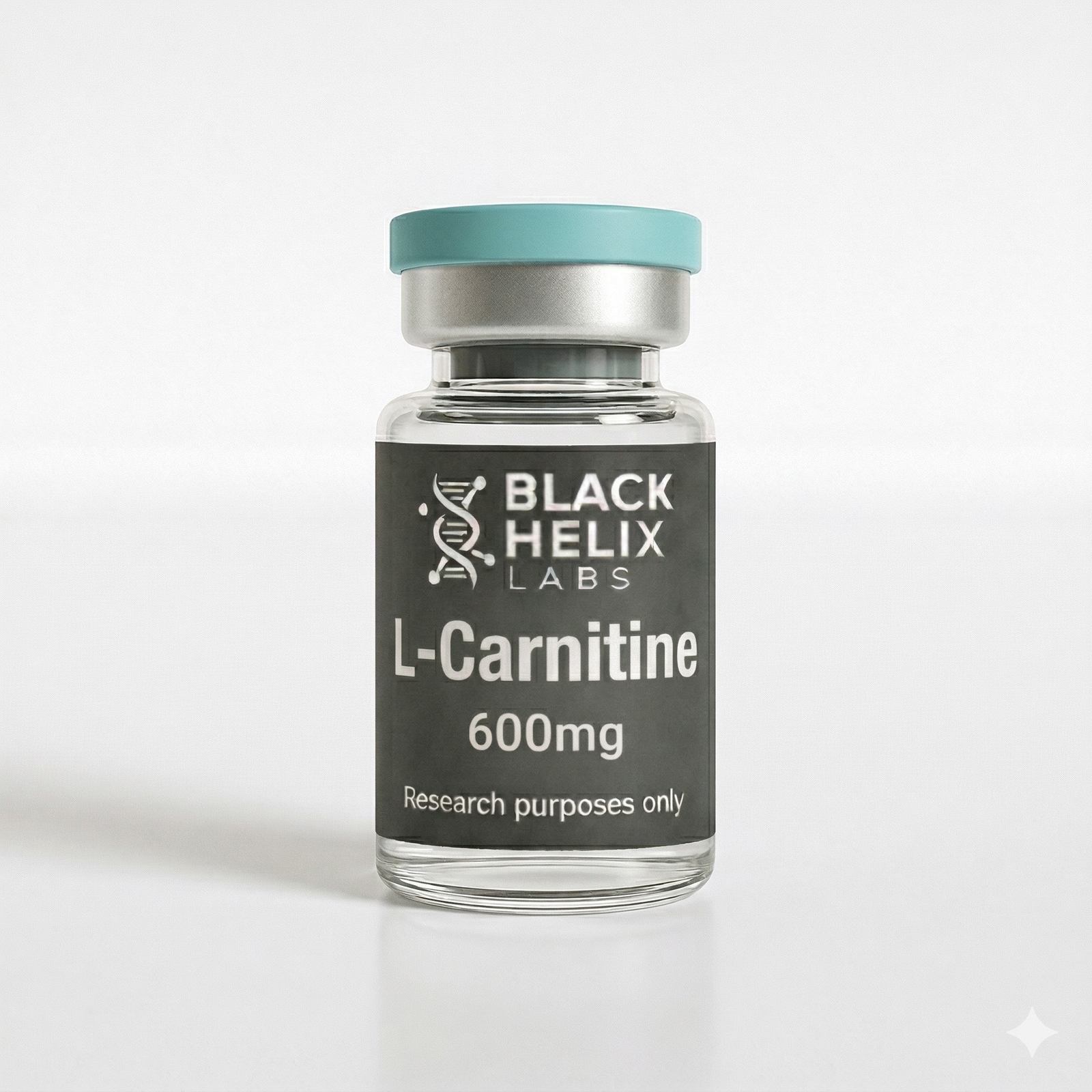 A close-up photograph of a clear glass vial containing L-Carnitine 600mg liquid from Black Helix Labs, sealed with a light blue-green (teal) flip-top cap on a minimalist white background.