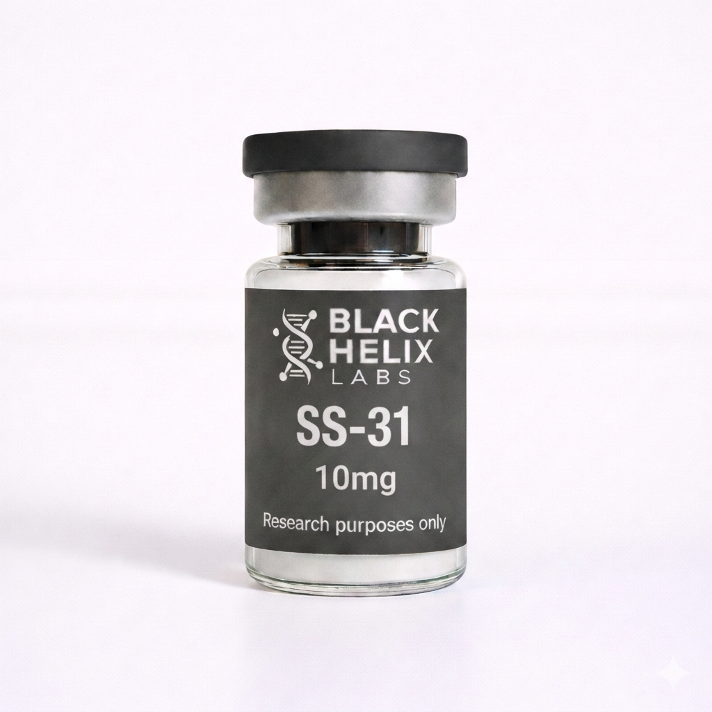 Black Helix Labs SS-31 10mg peptide vial with white lyophilized powder for research purposes only, featuring a dark label with the brand logo and gray cap on a light background.