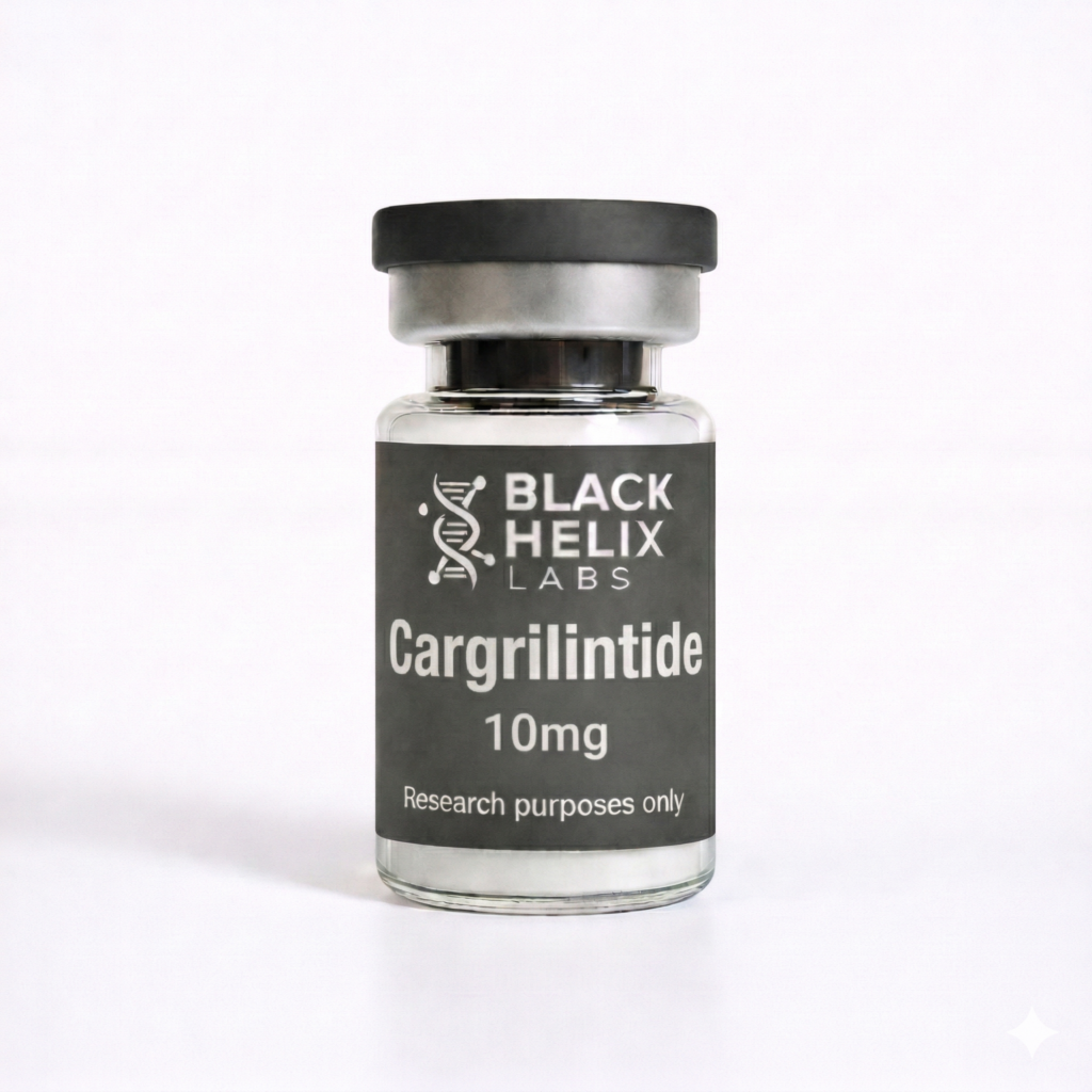 A clear glass vial with a dark label containing white lyophilized powder cake. The label, from Black Helix Labs, displays a DNA logo and text: 'Cargrilintide 10mg' and 'Research purposes only'. It has a black flip-top cap.
