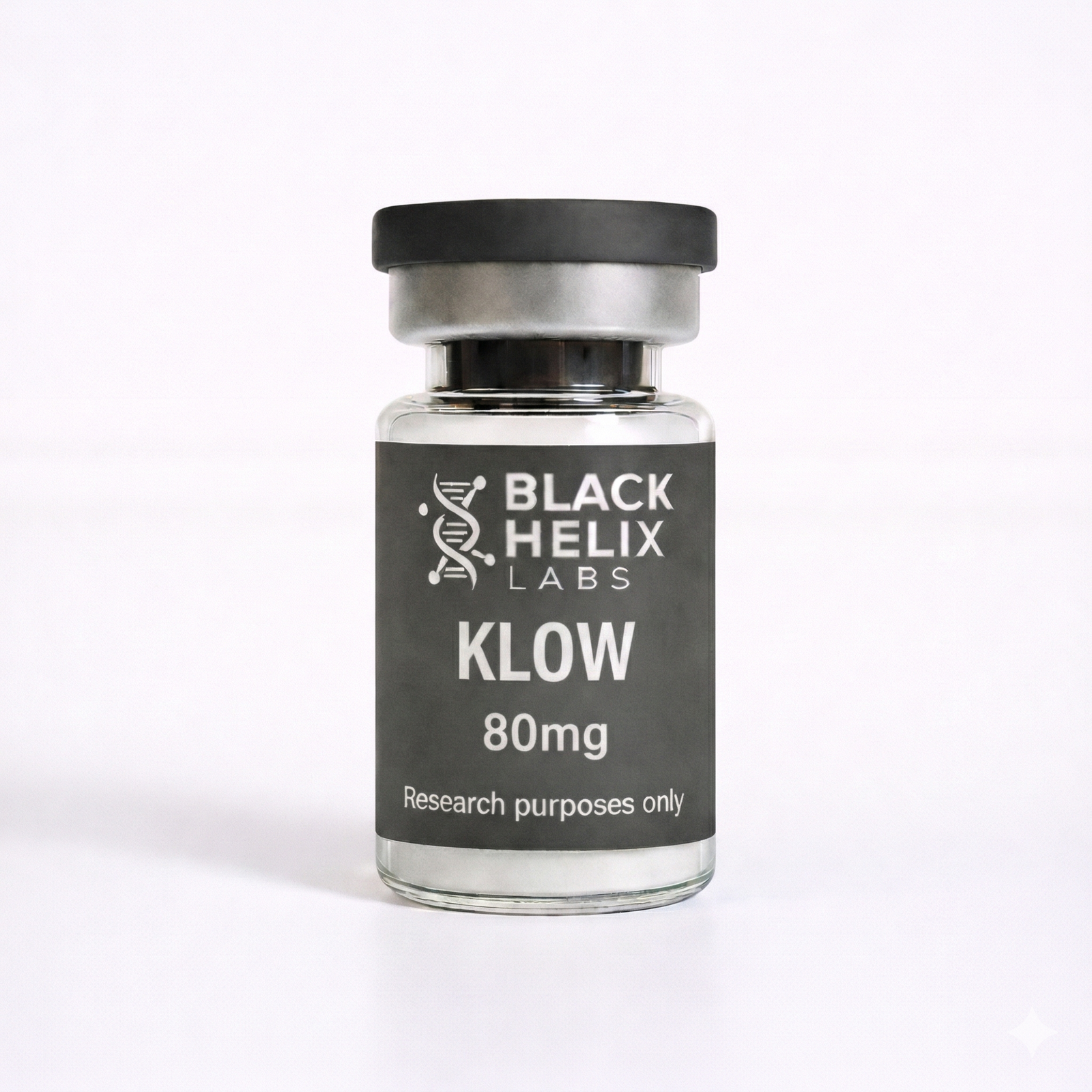 Close-up of Black Helix Labs KLOW 80mg lyophilized powder research peptide vial with black cap and labeled for research purposes only.