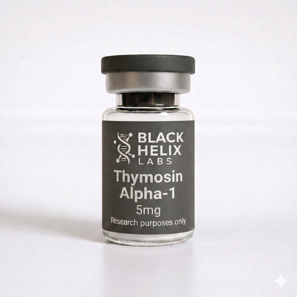 A detailed close-up of a clear glass research vial containing Thymosin Alpha-1 5mg lyophilized powder by Black Helix Labs, sealed with a dark grey cap against a white background.